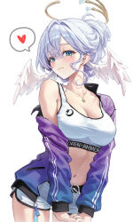 Rule 34 | 1girl, absurdres, alternate costume, alternate hairstyle, blue hair, blush, breasts, cleavage, closed mouth, earrings, facial mark, hair between eyes, halo, head wings, highres, honkai: star rail, honkai (series), jacket, jewelry, long sleeves, looking at viewer, necklace, open clothes, open jacket, purple jacket, r o ha, robin (honkai: star rail), shorts, simple background, single bare shoulder, smile, solo, stud earrings, white background, white shorts, wings