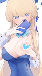 Rule 34 | 1girl, animal ears, blonde hair, blue archive, blue bow, blue bowtie, blue eyes, blue hair, blue halo, blue leotard, bow, bowtie, braid, breasts, cellphone, censored, detached collar, fake animal ears, halo, heart, heart censor, highres, holding, holding phone, large breasts, leotard, long hair, mikozin, multicolored hair, nipples, official alternate costume, phone, rabbit ears, simple background, smartphone, solo, strapless, strapless leotard, streaked hair, toki (blue archive), toki (bunny) (blue archive), upper body, white background, wrist cuffs