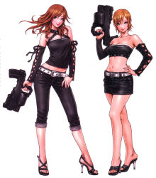 Rule 34 | 2girls, absurdres, bandeau, bare shoulders, belt, belt buckle, breasts, brown hair, buckle, capri pants, cleavage, clothes writing, contrapposto, criss-cross halter, cross-laced clothes, denim, detached sleeves, feet, fingernails, floating hair, full body, green eyes, gun, halterneck, hand on own hip, hand on own thigh, high heels, highres, hip focus, holding, holding gun, holding weapon, jeans, large breasts, light smile, lipstick, long fingernails, long hair, looking at viewer, maeda yumi, makeup, midriff, miniskirt, multicolored eyes, multiple girls, nail polish, navel, open shoes, orange eyes, original, pants, parted bangs, pencil skirt, pink nails, purple nails, ribbon, sandals, scan, shoes, short hair, simple background, skirt, smile, standing, studded belt, takei nao, toeless footwear, toes, trigger discipline, weapon, white background, wild flower, yamashita shun&#039;ya, yellow eyes