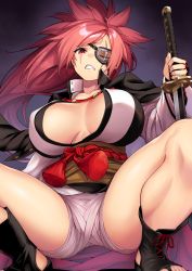 Rule 34 | 1girl, baiken, breasts, cleavage, clenched teeth, eyepatch, facial tattoo, guilty gear, guilty gear strive, highres, holding, holding sword, holding weapon, japanese clothes, katana, large breasts, long hair, looking at viewer, obi, pink hair, red eyes, red hair, sash, scar, scar across eye, scar on face, solo, squatting, sword, takurowo, tattoo, teeth, thighs, weapon
