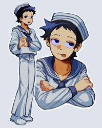 Rule 34 | 1boy, 96a5b0, black hair, closed mouth, commentary, crossed arms, full body, grey background, hat, long sleeves, male focus, multiple views, own hands clasped, own hands together, pants, sailor, sailor collar, sailor hat, scott pilgrim (series), shirt, short hair, simple background, smile, standing, tongue, tongue out, upper body, wallace wells, white headwear, white pants, white shirt
