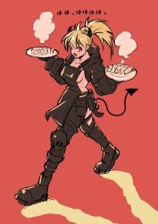 1girl apron black_apron black_footwear black_jacket black_pants blonde_hair boots breasts cropped_jacket dorohedoro food full_body gaako_illust highres holding holding_food jacket looking_at_viewer medium_breasts nikaidou_(dorohedoro) open_clothes open_jacket open_mouth pants ponytail red_background red_eyes shadow sideboob solo walking