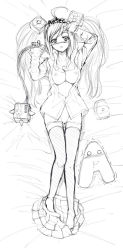 Rule 34 | 1girl, antec, antecco, antekkun, blush, breasts, greyscale, medium breasts, monochrome, nipples, open clothes, open shirt, panties, panty pull, shirt, sketch, solo, thighhighs, twintails, underwear, yoshida inuhito