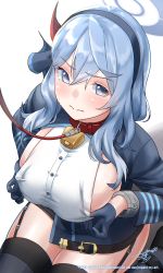 Rule 34 | 1girl, ako (blue archive), awono nanaumi, belt, black thighhighs, blue archive, blue eyes, blue gloves, blue hair, breasts, garter straps, gloves, hairband, halo, highres, large breasts, leash, long hair, sideboob, simple background, solo, thighhighs, white background