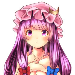 Rule 34 | 1girl, bad id, bad pixiv id, breasts, cleavage, covering privates, covering breasts, crescent, female focus, hair ribbon, hat, large breasts, long hair, mob cap, nude, oimo (imoyoukan), patchouli knowledge, purple eyes, purple hair, ribbon, simple background, solo, touhou, tress ribbon, upper body