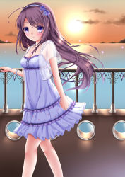 Rule 34 | 1girl, ahoge, blush, bracelet, breasts, brown hair, camisole, casual, cleavage, cloud, collarbone, frills, from side, highres, jewelry, long hair, looking at viewer, looking to the side, necklace, ocean, original, outdoors, purple eyes, see-through, shitou, short sleeves, sky, sleeveless, small breasts, smile, solo, spaghetti strap, sunset, walking, wind