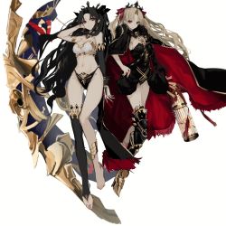 Rule 34 | 2girls, anklet, bare shoulders, barefoot, black hair, blonde hair, boots, cage, cape, closed mouth, dot mouth, earrings, elbow gloves, ereshkigal (fate), fate/grand order, fate (series), fur collar, fur trim, gloves, hand on own hip, heavenly boat maanna, high heel boots, high heels, highres, hoop earrings, ishtar (fate), jewelry, long hair, looking at viewer, multiple girls, narue, open clothes, red eyes, revealing clothes, siblings, single elbow glove, single thighhigh, sisters, skull, sleeveless, thighhighs, tiara