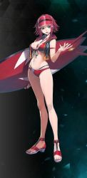 Rule 34 | 1girl, bare legs, between breasts, bikini, blue eyes, breasts, code geass, code geass: genesic re;code, come hither, female focus, full body, high heel sandals, high heels, highres, holding, holding surfboard, jacket, jewelry, kouzuki kallen, large breasts, long legs, looking at viewer, midriff, multi-strapped bikini, nail polish, navel, necklace, official art, red bikini, red footwear, red hair, red nails, sandals, simple background, sleeveless, sleeveless jacket, smile, solo, standing, stomach, surfboard, swimsuit, thighs, thong, toeless footwear, toenail polish, toenails, visor cap, whoopin, wide hips