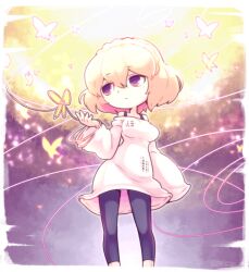 Rule 34 | 1girl, black pantyhose, blonde hair, braid, breasts, bug, butterfly, insect, knit (pop&#039;n music), long sleeves, medium breasts, no pupils, nollety, off shoulder, pantyhose, pop&#039;n music, short hair, signature, solo, string, sweater