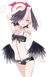 Rule 34 | 1boy, 1girl, arm up, bikini, black bikini, black bow, black wings, blue archive, blush, bow, collarbone, commentary request, doodle sensei (blue archive), feathered wings, flat chest, floral print, front-tie bikini top, front-tie top, groin, hair bow, halo, head wings, highres, hoshino ouka, koharu (blue archive), koharu (swimsuit) (blue archive), long hair, looking at viewer, low twintails, low wings, navel, nose blush, official alternate costume, open mouth, pink eyes, pink hair, pink halo, print bikini, sensei (blue archive), simple background, solo focus, spaghetti strap, swimsuit, translated, twintails, wavy mouth, white background, wings