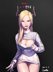Rule 34 | 10s, 1girl, 2016, :p, artist name, bad id, bad pixiv id, black background, blonde hair, breasts, cleavage, cleavage cutout, clothes pull, clothing cutout, cowboy shot, dated, gradient background, grey background, highres, horns, large breasts, licking lips, light smile, lips, long hair, long sleeves, looking at viewer, meme attire, nose, open-chest sweater, panties, panty pull, piyo (pixiv 2308057), red eyes, red panties, ribbed sweater, signature, solo, sweater, sweater pull, thigh gap, tongue, tongue out, turtleneck, underwear
