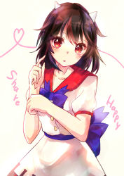 Rule 34 | 1girl, absurdres, black hair, bow, cone horns, dress, food, highres, horns, kashiwagi chisame, kijin seija, looking at viewer, pocky, pocky day, print dress, puffy short sleeves, puffy sleeves, red eyes, sash, short sleeves, solo, touhou