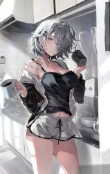 Rule 34 | 1girl, artist request, blue eyes, breasts, character request, coffee mug, cup, kitchen, large breasts, mole, mole under eye, mug, shorts, silver hair, source request, towel