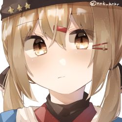 Rule 34 | 1girl, black ribbon, blush, brown eyes, brown hair, fur hat, hair ornament, hair ribbon, hairclip, hat, highres, kantai collection, long hair, looking at viewer, nonko (nnk knkr), one-hour drawing challenge, papakha, portrait, ribbon, sidelocks, simple background, solo, star (symbol), tashkent (kancolle), twintails, twitter username, white background