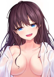 Rule 34 | 1girl, absurdres, ahoge, artist request, bad id, bad pixiv id, bare shoulders, blue eyes, blush, breasts, breasts apart, collarbone, doyagao, eyes visible through hair, fang, grin, highres, ichinose shiki, idolmaster, idolmaster cinderella girls, long hair, looking at viewer, machin4719, medium breasts, no bra, off shoulder, open clothes, open mouth, open shirt, parted bangs, purple hair, round teeth, simple background, smile, smug, solo, teeth, upper body, white background