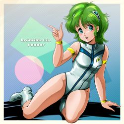 Rule 34 | 1980s (style), 1girl, arm support, arm up, armlet, armpits, blue eyes, boots, bracelet, breasts, copyright name, green hair, hair ornament, highres, index finger raised, jewelry, leotard, muteki shoujo rami, muteki shoujo rummy, no legwear, oldschool, open mouth, retro artstyle, rummy (muteki shoujo rummy), short hair, sitting, small breasts, smile, solo, thighs, white footwear, white leotard