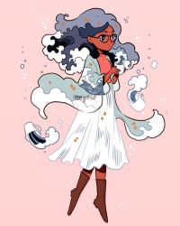 Rule 34 | 1girl, artist name, bad id, bad instagram id, boots, brown footwear, cup, dark-skinned female, dark skin, expressionless, fictional persona, full body, glasses, grey hair, highres, holding, holding cup, liquid hair, long skirt, long sleeves, meyoco, original, pink background, pink shirt, print sleeves, shirt, simple background, skirt, solo, sparkle, waves, white skirt