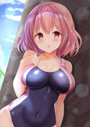 Rule 34 | 1girl, bare arms, bare shoulders, blue one-piece swimsuit, blue sky, braid, breasts, brown eyes, chain-link fence, chestnut mouth, cleavage, cloud, collarbone, commentary request, covered navel, day, fence, hair between eyes, hand up, highres, hoshizaki akari, large breasts, looking at viewer, one-piece swimsuit, ongeki, outdoors, parted lips, pink hair, sky, solo, swimsuit, twin braids, xenon (for achieve)