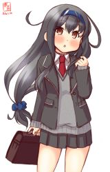 Rule 34 | 1girl, alternate costume, artist logo, bag, black hair, black skirt, blazer, blue headband, commentary request, cowboy shot, dated, grey sweater, hatsushimo (kancolle), hatsushimo kai ni (kancolle), headband, highres, jacket, kanon (kurogane knights), kantai collection, long hair, looking at viewer, low-tied long hair, pleated skirt, red eyes, red neckwear, school bag, school uniform, simple background, skirt, solo, standing, sweater, sweater vest, v-neck, white background