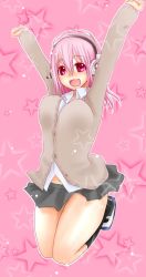 Rule 34 | 1girl, blush, bouncing breasts, breasts, female focus, headphones, jumping, large breasts, long hair, looking at viewer, merryhachi, navel, nitroplus, open mouth, pink eyes, pink hair, smile, solo, super sonico
