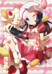 Rule 34 | 1girl, absurdres, alcremie, alcremie (strawberry sweet), apron, black hair, blue eyes, blush, clenched teeth, commentary request, creatures (company), dawn (palentine&#039;s 2021) (pokemon), dawn (pokemon), dress, eyelashes, floating hair, game freak, gen 8 pokemon, grin, hand up, heart, highres, index finger raised, leg warmers, long hair, nintendo, official alternate costume, one eye closed, pokemon, pokemon (creature), pokemon masters ex, red footwear, shoes, short sleeves, smile, taisa (lovemokunae), teeth
