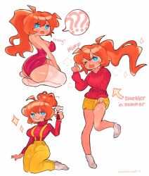 Rule 34 | 1girl, ?, blue eyes, blush, breasts, breath, bright pupils, closed mouth, d:, d;, english text, full body, hot, kneeling, large breasts, leotard, long hair, mechanic (terraria), mimichiwah, multiple views, one eye closed, open mouth, orange hair, ponytail, red leotard, red sweater, seiza, short shorts, shorts, simple background, sitting, smile, socks, spoken question mark, standing, standing on one leg, sweater, terraria, thighhighs, v, white background, white pupils, white socks, white thighhighs, yellow overalls, yellow shorts