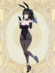 Rule 34 | 1girl, ankle cuffs, bare shoulders, black bow, black gloves, black hair, black leotard, black pantyhose, blue eyes, blunt bangs, bow, breasts, cleavage, cocytus (wind master), commentary, covered erect nipples, covered navel, dairoku ryouhei, detached collar, elbow gloves, gloves, hair between eyes, hair ornament, hand up, high heels, highleg, highleg leotard, knees together feet apart, large breasts, leotard, pantyhose, parted lips, playboy bunny, ponytail, rabbit pose, rabbit tail, ribbon, sidelocks, solo, standing, standing on one leg, strapless, strapless leotard, tail, white ribbon, wrist cuffs, yellow background