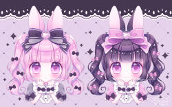 Rule 34 | 2girls, :o, animal ears, black bow, black hair, blunt bangs, blush, bow, closed mouth, commentary, english commentary, grey shirt, hair bow, heart, heart-shaped pupils, heart background, himetsuki luna, looking at viewer, multiple girls, original, parted lips, pink bow, pink hair, pink shirt, puffy short sleeves, puffy sleeves, purple eyes, rabbit ears, shirt, short sleeves, signature, smile, sparkle, symbol-shaped pupils, twintails, twitter username, upper body, wrist cuffs