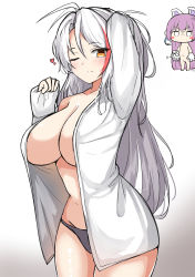 Rule 34 | 2girls, ;), absurdres, animal hands, arm up, azur lane, black panties, blush, breasts, brown eyes, chibi, cleavage, closed mouth, gloves, gradient background, grey background, hair between eyes, heart, highres, large breasts, long hair, long sleeves, looking at viewer, moyoron, multicolored hair, multiple girls, navel, nude, one eye closed, open clothes, open shirt, panties, parted bangs, paw gloves, pinching sleeves, prinz eugen (azur lane), purple hair, red hair, shirt, sleeves past wrists, smile, solo focus, streaked hair, tashkent (azur lane), tashkent (muse) (azur lane), underwear, v-shaped eyebrows, very long hair, white background, white hair, white shirt, x navel