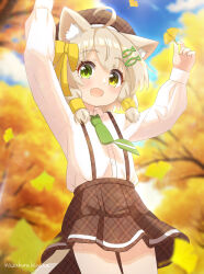 Rule 34 | 1girl, absurdres, ahoge, animal ear fluff, animal ears, arms up, artist name, autumn, autumn leaves, beret, blue sky, blurry, blurry background, blush, bow, brown hat, brown skirt, buttons, cat ears, cat girl, cat tail, cloud, collared shirt, cowboy shot, day, fang, female focus, fish hair ornament, flat chest, green eyes, green necktie, hair bow, hair ornament, hairclip, happy, hat, hazakura hinata, heterochromia, highres, holding, holding leaf, leaf, leaves, long sleeves, looking at viewer, miniskirt, necktie, open mouth, orange background, original, outdoors, plaid, plaid headwear, plaid skirt, pleated skirt, school uniform, shirt, shirt tucked in, sidelocks, signature, skin fang, skirt, sky, smile, solo, standing, suspender skirt, suspenders, tail, thighs, white shirt, yellow bow, yellow eyes