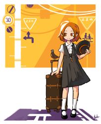 Rule 34 | 1girl, absurdres, ahoge, bird, cable, dress, hat, hayato noda, highres, holding, holding clothes, holding hat, jewelry, key, key necklace, mary janes, necklace, orange eyes, orange hair, original, parted bangs, pigeon, pinafore dress, road sign, shoes, short hair, short sleeves, sign, sleeveless, sleeveless dress, smile, socks, solo, suitcase, unworn hat, unworn headwear, utility pole