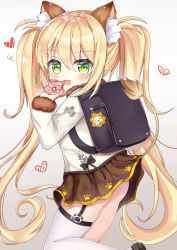 Rule 34 | 1girl, :d, absurdres, animal ear fluff, arlene (ju), ass, asymmetrical legwear, azur lane, backpack, bag, blonde hair, brown background, brown footwear, brown skirt, commentary request, doughnut, fang, food, fur-trimmed sleeves, fur trim, gradient background, green eyes, grey background, hair between eyes, heart, highres, holding, holding food, jacket, loafers, long hair, long sleeves, looking at viewer, looking to the side, makinami (azur lane), open mouth, pleated skirt, randoseru, shoes, single thighhigh, skindentation, skirt, sleeves past wrists, smile, solo, thighhighs, twintails, uneven legwear, very long hair, white background, white jacket, white thighhighs