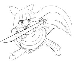 Rule 34 | 10s, 1girl, absurdres, bow, dress, full body, greyscale, hair bow, highres, lineart, long hair, monochrome, panty &amp; stocking with garterbelt, solo, stocking (psg), striped clothes, striped thighhighs, sword, thighhighs, transparent background, very long hair, weapon, yume shokunin