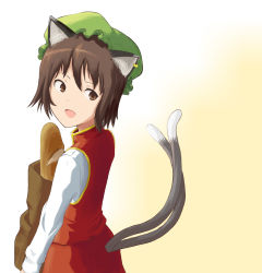 Rule 34 | 1girl, :d, absurdres, animal ears, bad id, bad pixiv id, bag, black hair, bob cut, bread, brown eyes, brown hair, carrying, cat ears, cat girl, cat tail, chen, earrings, female focus, food, from behind, hat, highres, jewelry, kujou natsume, looking back, multiple tails, open mouth, short hair, single earring, smile, solo, standing, tail, tometo, touhou, turtleneck