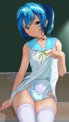 Rule 34 | 1girl, aigami kaon, blue eyes, blue hair, blue sailor collar, chalkboard, clothes lift, competition swimsuit, cowboy shot, garter-velvet, highres, lifted by self, long hair, looking at viewer, one-piece swimsuit, original, panties, pleated skirt, ponytail, sailor collar, school uniform, serafuku, sitting, skirt, skirt lift, sleeveless, solo, swimsuit, swimsuit under clothes, swimsuit under panties, thighhighs, two-tone swimsuit, underwear, white panties, white skirt, white one-piece swimsuit, white thighhighs