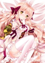 Rule 34 | 1girl, animal ears, bed sheet, blush, bow, brown eyes, cat ears, commentary request, covering privates, covering crotch, dress, frilled dress, frills, hair between eyes, hair bow, hand up, juliet sleeves, light brown hair, long hair, long sleeves, looking at viewer, lying, nanase kureha, nanase nao, nose blush, on side, original, parted lips, pink dress, puffy sleeves, red bow, solo, tail, thighhighs, very long hair, white thighhighs