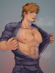 Rule 34 | 1boy, abs, bakemonookome, bara, bare pectorals, blue background, blue jumpsuit, blush, brown hair, chest hair, collarbone, facial hair, fang, hair between eyes, heavy breathing, jumpsuit, looking at viewer, male focus, nipples, open clothes, open mouth, original, pectorals, red eyes, sleeves rolled up, steaming body, sweatdrop, toned, toned male, unzipped