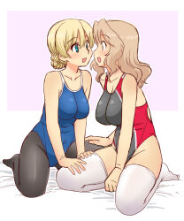 Rule 34 | 2girls, black pantyhose, blonde hair, blue eyes, blush, braid, breasts, collarbone, darjeeling (girls und panzer), french braid, girls und panzer, hand on another&#039;s thigh, kay (girls und panzer), large breasts, leotard, long hair, looking at another, multiple girls, open mouth, pantyhose, simple background, smile, thighhighs, uona telepin, white thighhighs, yuri