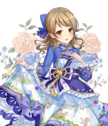 Rule 34 | 1girl, absurdres, alternate hairstyle, animal print, blue ribbon, blush, book, bow, bowtie, breasts, brown eyes, brown hair, dot nose, dress, earrings, floral background, floral print, frilled dress, frills, gem, hair bow, hair ribbon, hands up, highres, idolmaster, idolmaster cinderella girls, idolmaster cinderella girls starlight stage, iku2727, jewelry, light brown hair, long hair, long sleeves, looking at viewer, morikubo nono, open mouth, pearl (gemstone), print dress, purple bow, purple bowtie, purple dress, purple ribbon, purple sash, ribbon, sash, skirt hold, small breasts, smile, solo, squirrel, white background, wide sleeves