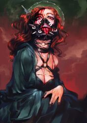 Rule 34 | 1girl, absurdres, barbed wire, black nails, blood, breasts, brown hair, choker, cleavage, commentary, dress, gimp mask, green dress, halo, highres, horror (theme), jcm2, large breasts, long hair, mask, mutilation, o-ring, o-ring choker, off shoulder, original, razor blade, red eyes, sitting, solo, symbol-only commentary, teeth, tongue, tongue out, upper teeth only