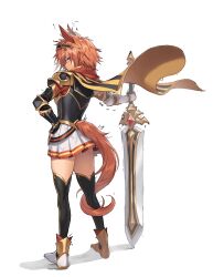 Rule 34 | 1girl, animal ears, armor, black thighhighs, blue eyes, brown hair, cape, charisma break, clothing cutout, cuirass, durandal (racehorse), ear covers, from behind, fukuro (maruaru00), full body, greatsword, hairband, heavy, highres, holding, holding sword, holding weapon, horse ears, horse girl, horse tail, looking at viewer, miniskirt, original, pauldrons, personification, sabaton, shadow, short hair, shoulder armor, sideways glance, simple background, skirt, solo, striped cape, sword, tail, tail around own leg, tail through clothes, thighhighs, trembling, umamusume, vambraces, weapon, white background, yellow cape