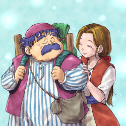 Rule 34 | 1boy, 1girl, backpack, bag, blue background, blue shirt, blush, brown hair, closed eyes, commentary request, dragon quest, dragon quest iv, dress, earrings, facial hair, hetero, highres, husband and wife, jewelry, long hair, low ponytail, mustache, pekuchin (pekuchin 3), purple hair, purple vest, red dress, shirt, shoulder bag, smile, striped clothes, striped shirt, tessie, torneko, two-tone dress, vertical-striped clothes, vertical-striped shirt, vest, white dress, white shirt