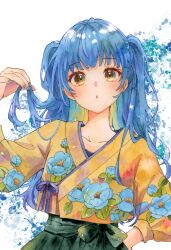Rule 34 | 1girl, :o, absurdres, blouse, blue hair, brown eyes, camellia print, commentary, cropped shirt, floral print, green hakama, hakama, hand on own hip, hand up, highres, holding, holding hair, japanese clothes, long hair, looking at viewer, open mouth, original, shirt, solo, straight-on, two side up, upper body, yellow shirt, yuyuharu 1027