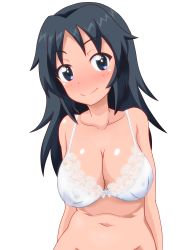 Rule 34 | 1girl, black hair, blue eyes, blush, bra, breasts, cleavage, closed mouth, covered erect nipples, freckles, girls und panzer, gogopaint, highres, large breasts, long hair, looking at viewer, navel, shiny skin, simple background, smile, solo, underwear, underwear only, upper body, white background, white bra, yamagou ayumi