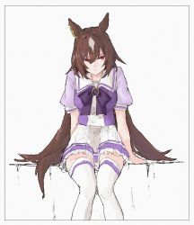 Rule 34 | 1girl, absurdres, animal ears, border, bow, bowtie, breasts, brown hair, closed mouth, feet out of frame, highres, horse ears, horse girl, horse tail, long hair, looking at viewer, puffy short sleeves, puffy sleeves, purple shirt, red eyes, ryne 25, sailor collar, school uniform, shirt, short sleeves, sirius symboli (umamusume), sitting, skirt, small breasts, solo, tail, thighhighs, tracen school uniform, umamusume, white skirt, white thighhighs