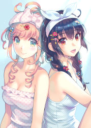Rule 34 | 2girls, :d, bell, blue bow, blue eyes, bow, breasts, brown hair, cleavage, closed mouth, collarbone, commentary request, diagonal stripes, dress, flower, hair bell, hair bow, hair flower, hair ornament, hairclip, highres, jingle bell, light brown hair, long hair, medium breasts, multiple girls, nishimura eri, open mouth, original, pink bow, polka dot, polka dot bow, polka dot dress, red eyes, red flower, sleeveless, sleeveless dress, smile, snowman hair ornament, strapless, strapless dress, striped clothes, striped dress, white dress