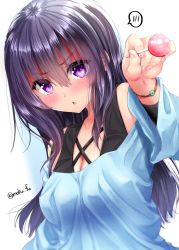 Rule 34 | &gt;:o, 1girl, bare shoulders, black hair, blue background, blue shirt, blush, bracelet, breasts, candy, cleavage, food, highres, holding, holding candy, holding food, holding lollipop, jewelry, lollipop, long hair, looking at viewer, medium breasts, mokufuu, original, purple eyes, shirt, solo, twitter username, v-shaped eyebrows, white background