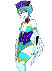 Rule 34 | 10s, bare shoulders, blue eyes, blue hair, blue nails, blue rose (tiger &amp; bunny), breasts, cleavage, earrings, elbow gloves, fingernails over gloves, gloves, gun, jewelry, karina lyle, lipstick, makeup, nail polish, poorly drawn, short hair, tiger &amp; bunny, weapon
