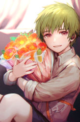 Rule 34 | 1boy, bouquet, brown eyes, commentary, flower, green hair, holding, holding bouquet, indoors, looking at viewer, male focus, original, penguu (green528), shirt, short hair, shorts, sitting, smile, solo, symbol-only commentary