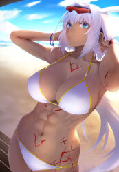Rule 34 | 1girl, abs, animal ears, armpits, arms up, bare shoulders, bikini, blue eyes, blue sky, body markings, breasts, caenis (fate), caenis (swimsuit rider) (fate), cleavage, collarbone, dark-skinned female, dark skin, fate/grand order, fate (series), goggles, hairband, highres, large breasts, long hair, looking at viewer, minami koyogi, navel, sky, solo, swimsuit, thighs, white bikini, white hair